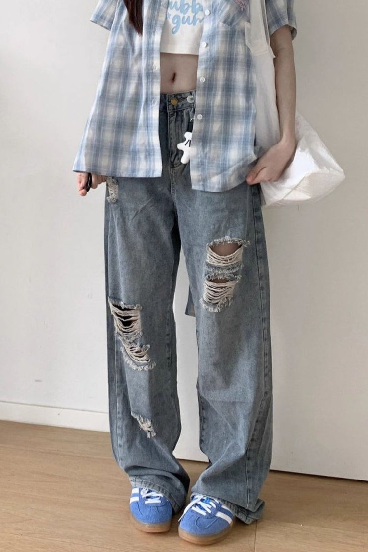 Plaid Shirt + Camisole + Denim Pants