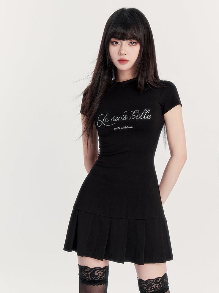 Rhinestone Logo Pleated Dress