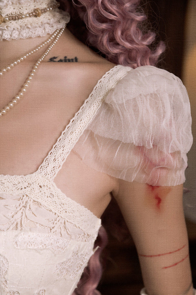 Cotton Love Heart Ribbon Cutout Lace Slip Dress