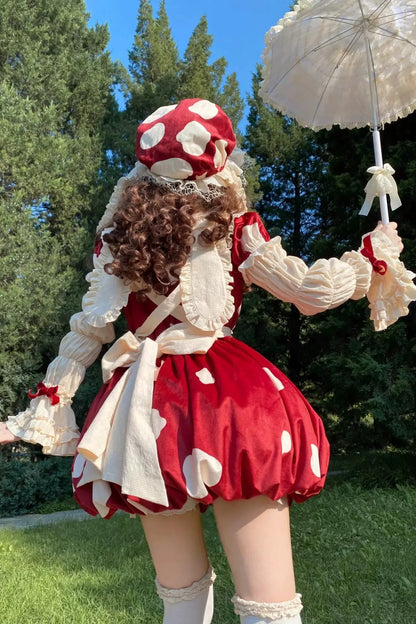 Mushroom Doll Dress + Ribbon Ruffle Apron + Ruffle Sleeves + Bunny Ear Hat