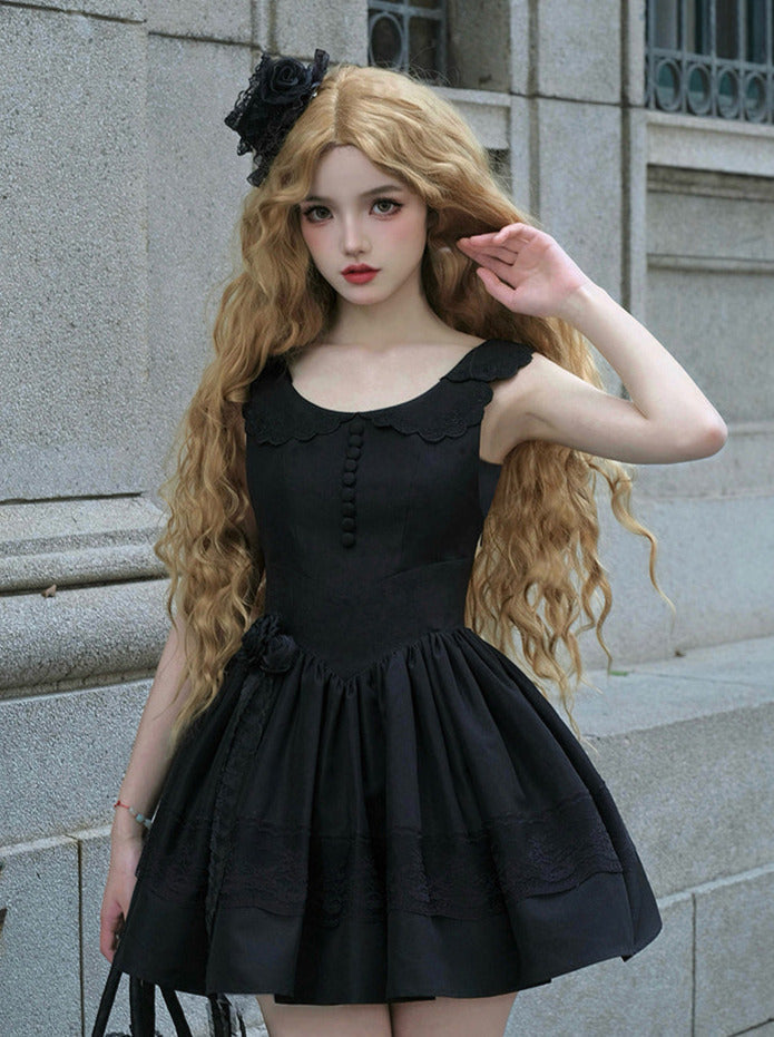 Night Traveler Classic Black Gothic Lace Jacket Dress + Ruffle White Blouse and Black Dress