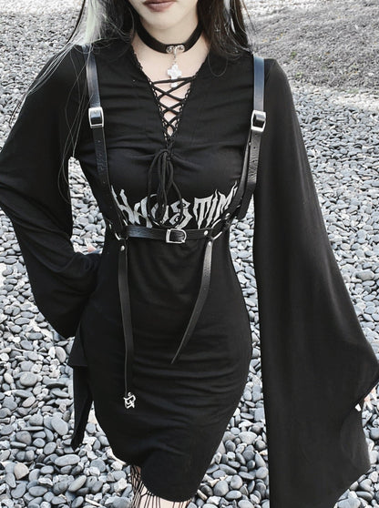 Dark Lace-up V Neck Gothic a Line Dress