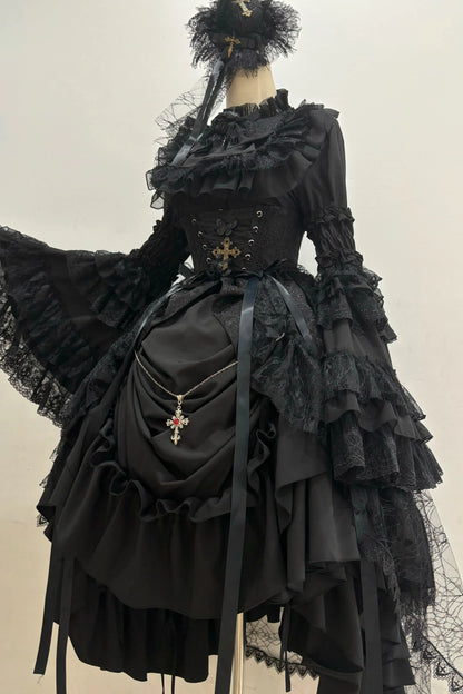 Gothic Super Jisleeve Lolita Shirt + Ruffle Skirt + Hat