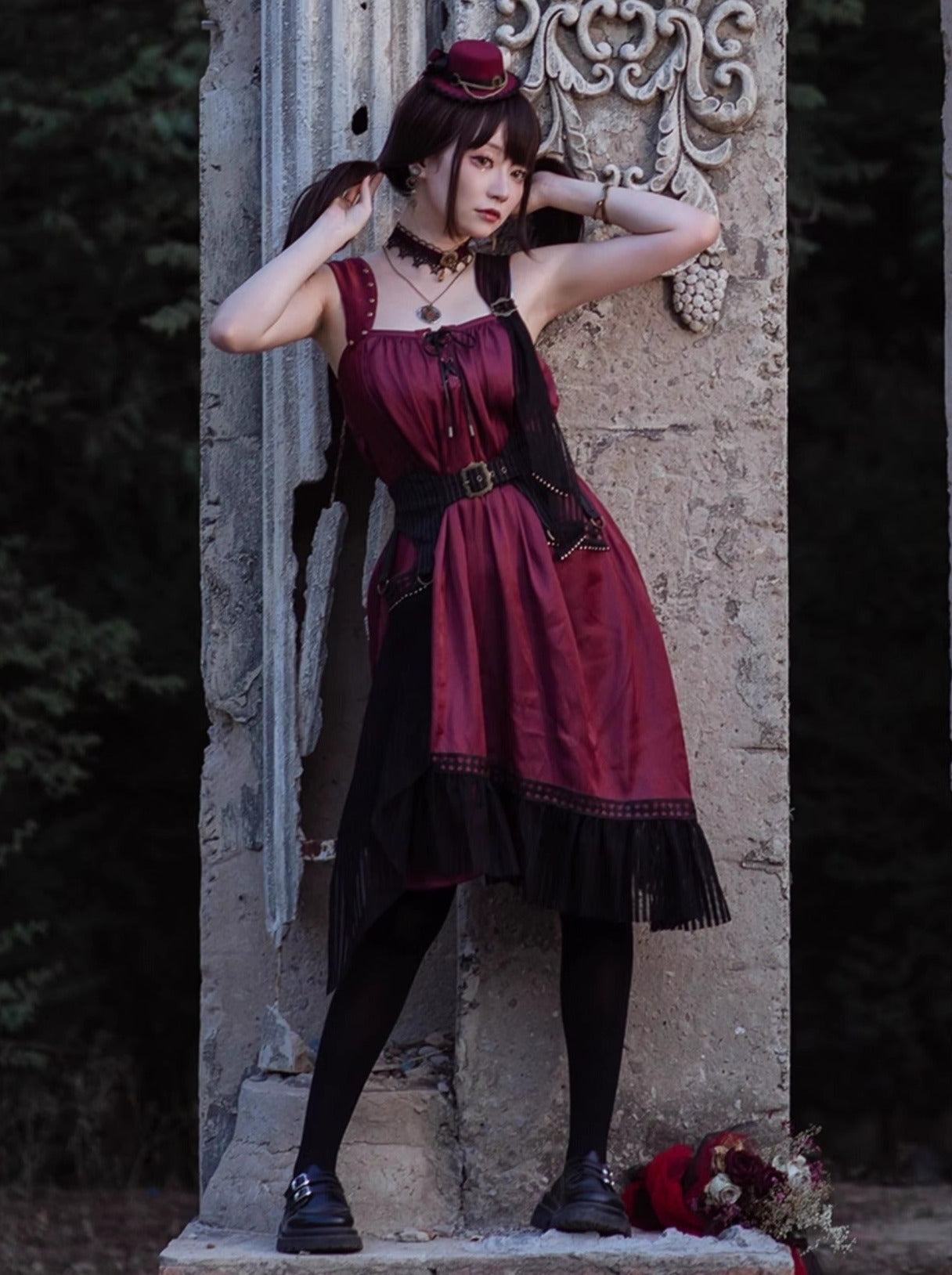 [pre-order] Wine Red Shoulder Strap Light Gothic Doll Asymmetric Dress