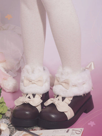 Snow Lolita Mid-heel Color Block Ribbon Sweet Velvet Short Boots