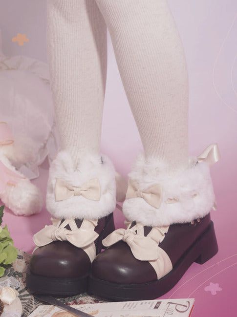 Snow Lolita Mid-heel Color Block Ribbon Sweet Velvet Short Boots