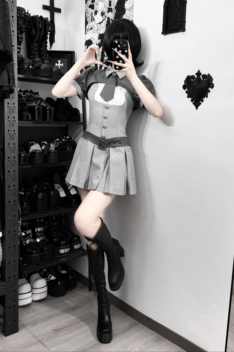 [pre-order Deadline: April 15] Gray Pinstripe Tie Collar Short Jacket Dress Full Set + Jewel Casquette