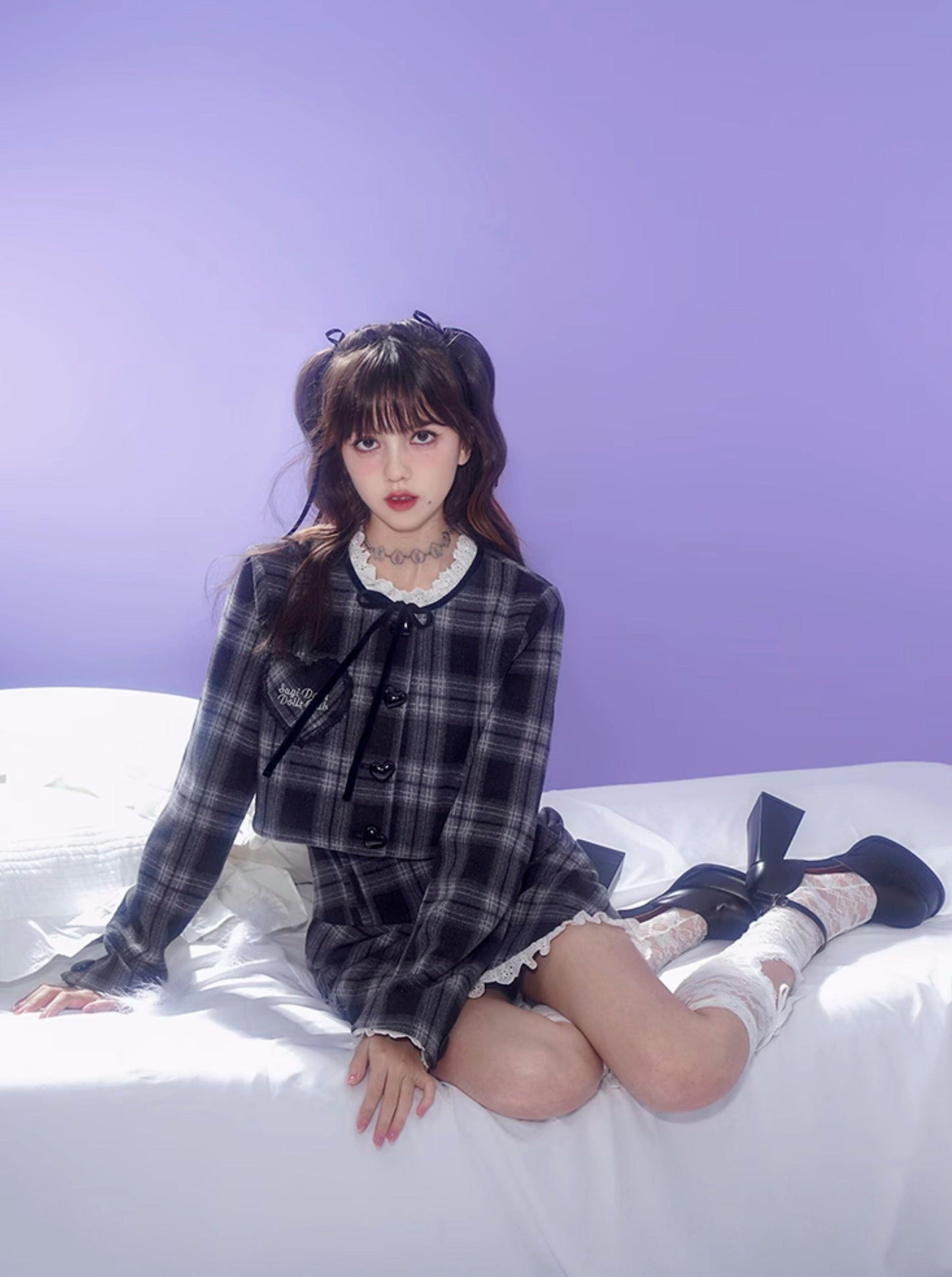Dark Color Check Jacket + Lace Check Skirt