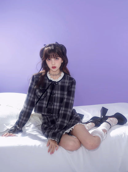 Dark Color Check Jacket + Lace Check Skirt