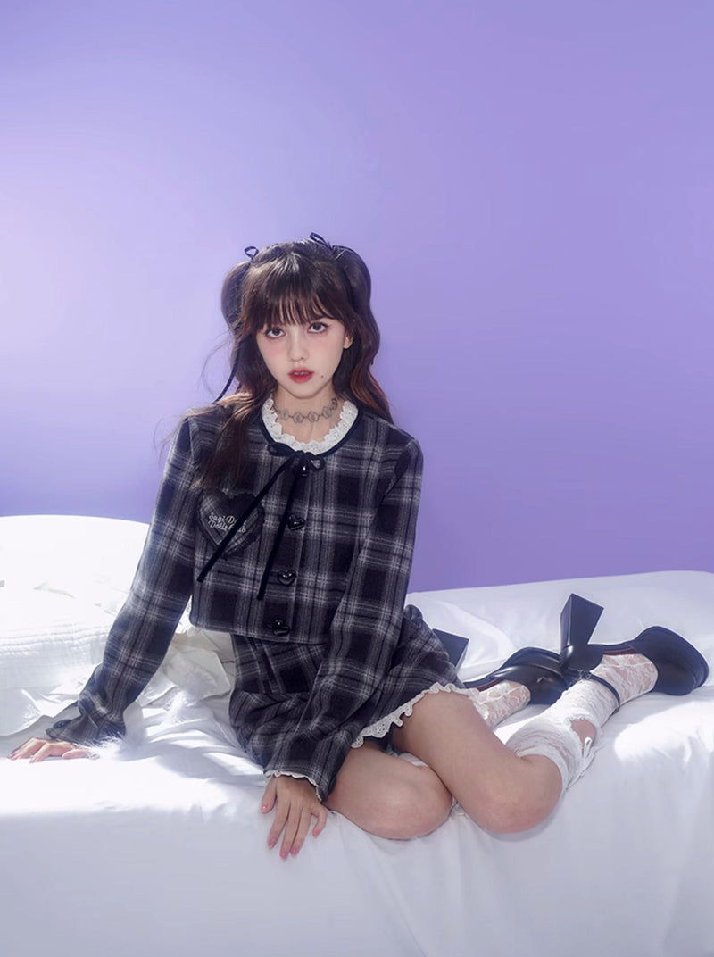 Dark Color Check Jacket + Lace Check Skirt