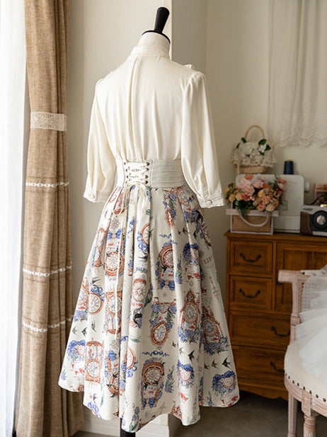 Eternal Echo Retro Classical Daily Lolita Print Shirt Skirt Set