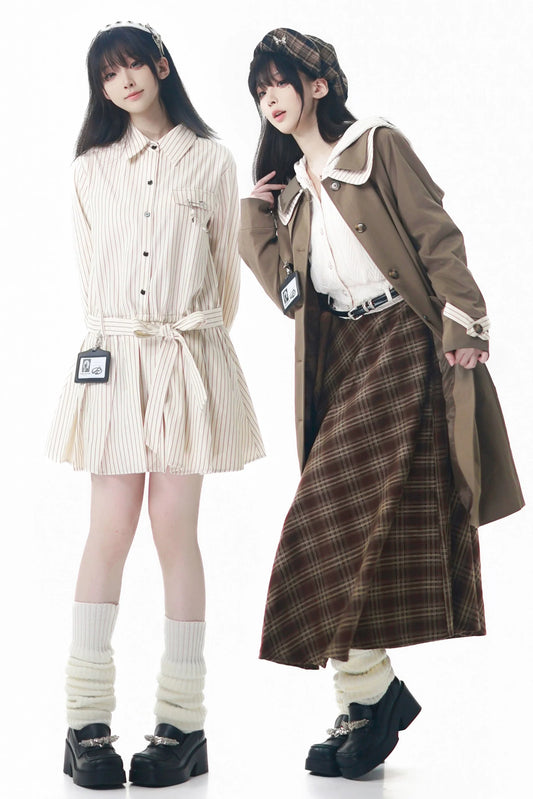 Maple Trench Coat + Hooded Top + Checkered Skirt + Shirt Dress