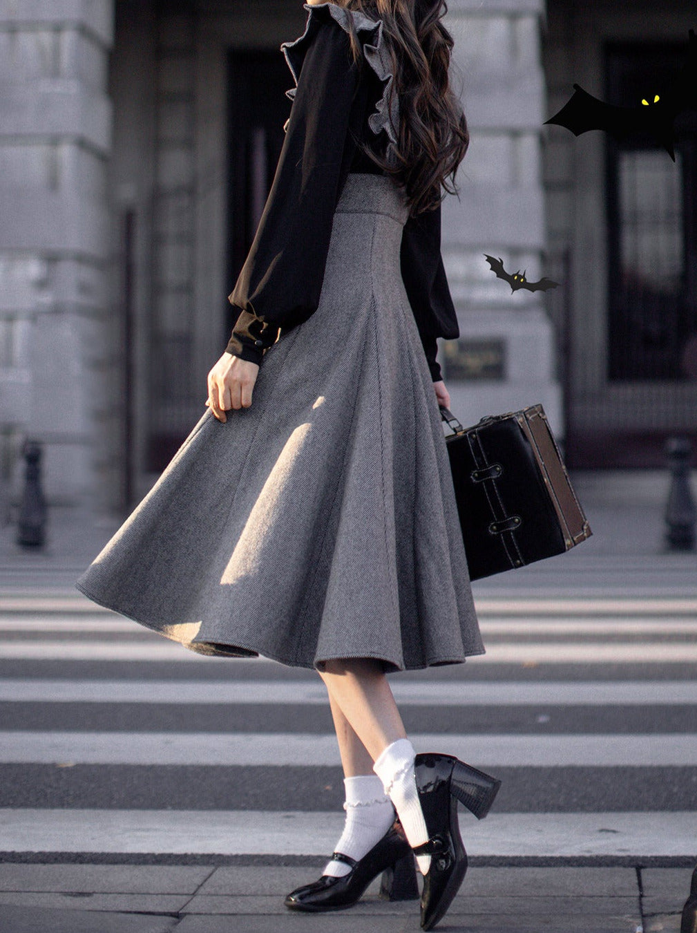Retro Black Ribbon Volume Sleeve Shirt + Ruffle Shoulder Suspender Skirt
