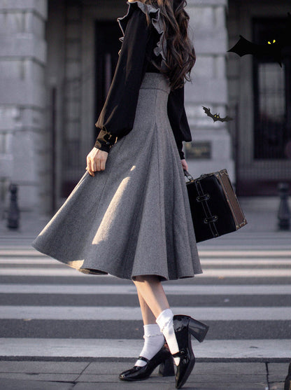 Retro Black Ribbon Volume Sleeve Shirt + Ruffle Shoulder Suspender Skirt