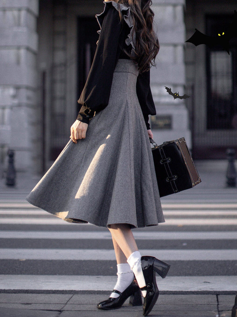 Retro Black Ribbon Volume Sleeve Shirt + Ruffle Shoulder Suspender Skirt