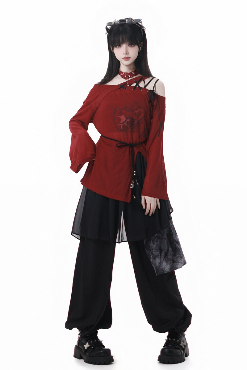 Paneled Mode Red Top + Mode Pants + Rose Belt