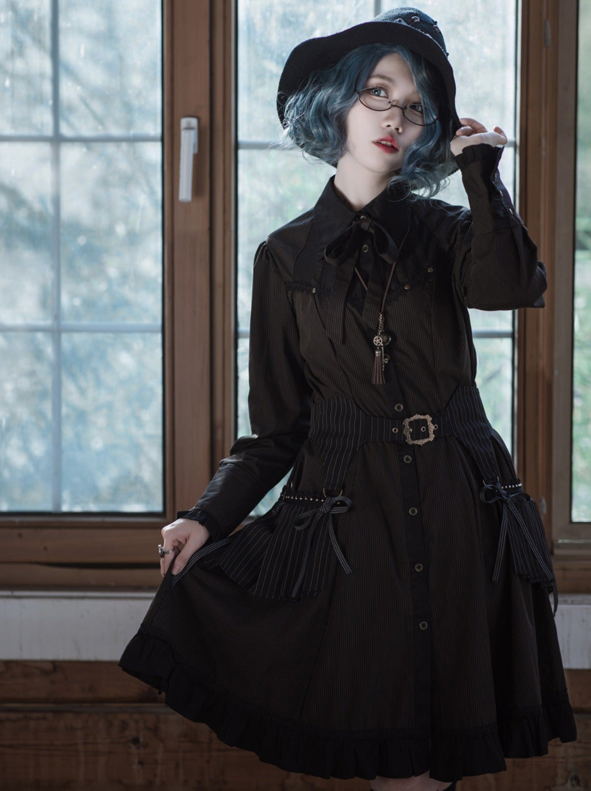Steam Continental Ruffle Black Coffee Pinstripe Shirt Dress