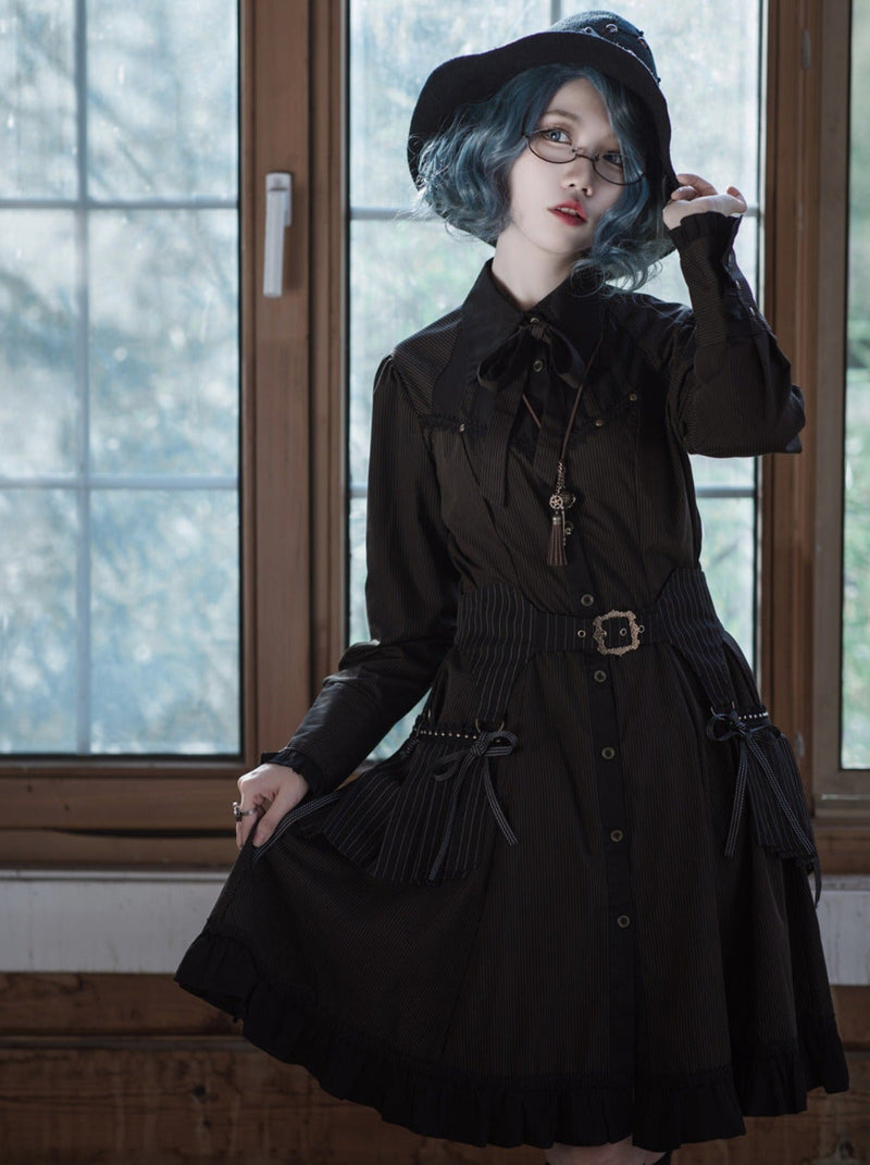 Steam Continental Ruffle Black Coffee Pinstripe Shirt Dress