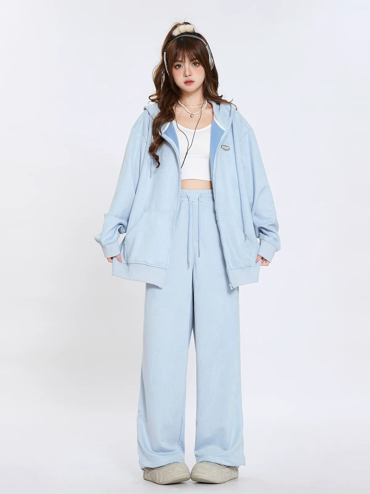 Suede Hooded Sweatshirt Lazy Style Set