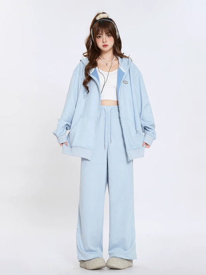 Suede Hooded Sweatshirt Lazy Style Set