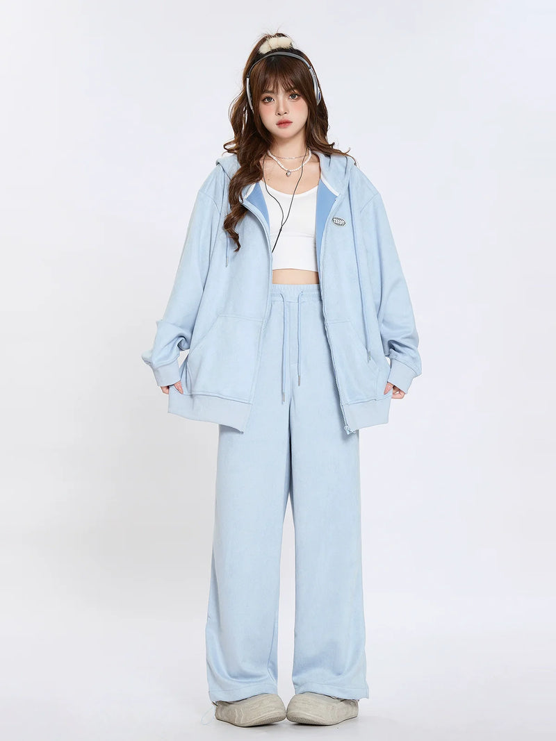 Suede Hooded Sweatshirt Lazy Style Set