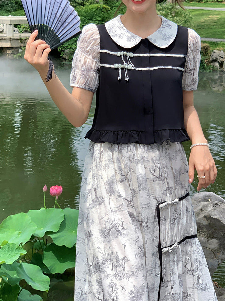 Doll Collar Sheer Puff Sleeve Print Chinese-style Top & Asymmetric Skirt Set