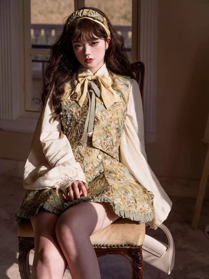 Golden Flower Design Dress + Skirt + Coat + Vest
