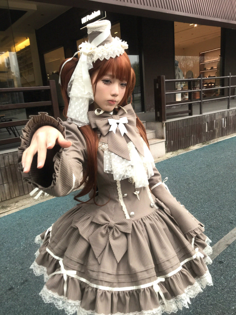 [pre-order Deadline: April 25] Phantom Cat Sweet Ribbon Stripe Lace Bell Sleeve Lolita Dress