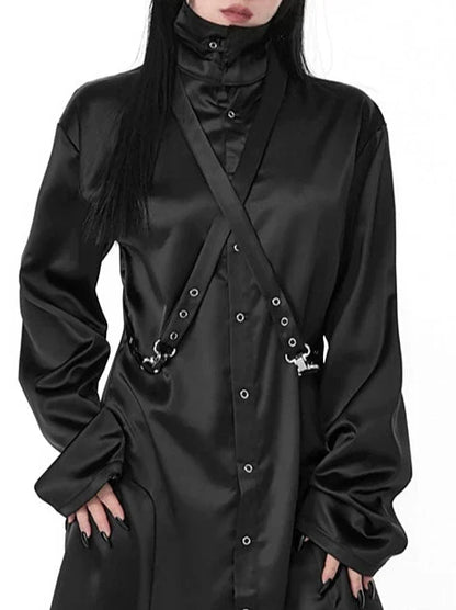 Detail Control Design Stitch Loose Slim Strap Long Shirt Dress
