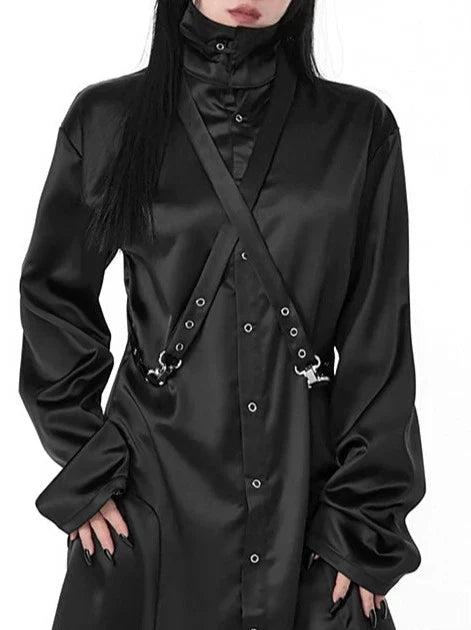 Detail Control Design Stitch Loose Slim Strap Long Shirt Dress
