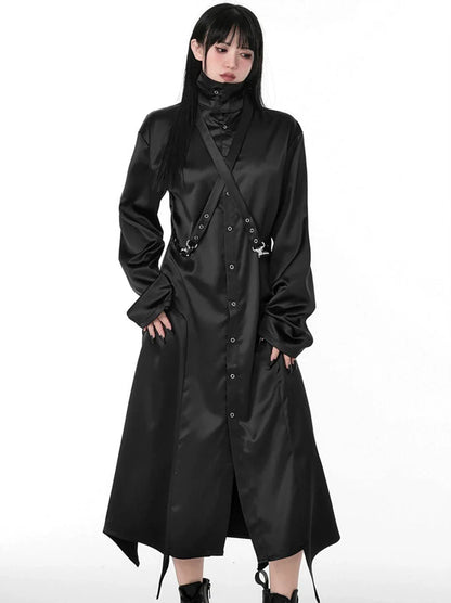 Detail Control Design Stitch Loose Slim Strap Long Shirt Dress