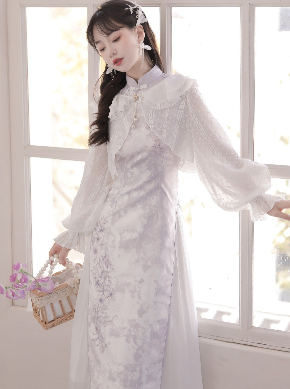 Sheer Cardigan + Flower Cheongsam Dress + Pleated Skirt