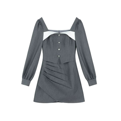 French Grey Square Neck Dress