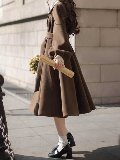 Retro Brown Plaid Volume Sleeveless Layered Dress + Pearl Ribbon Accessory + Classic Belt Coat [pre-order]
