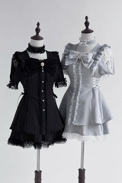 Jirai Stripe Lace Puff Sleeve Top + Short Skirt