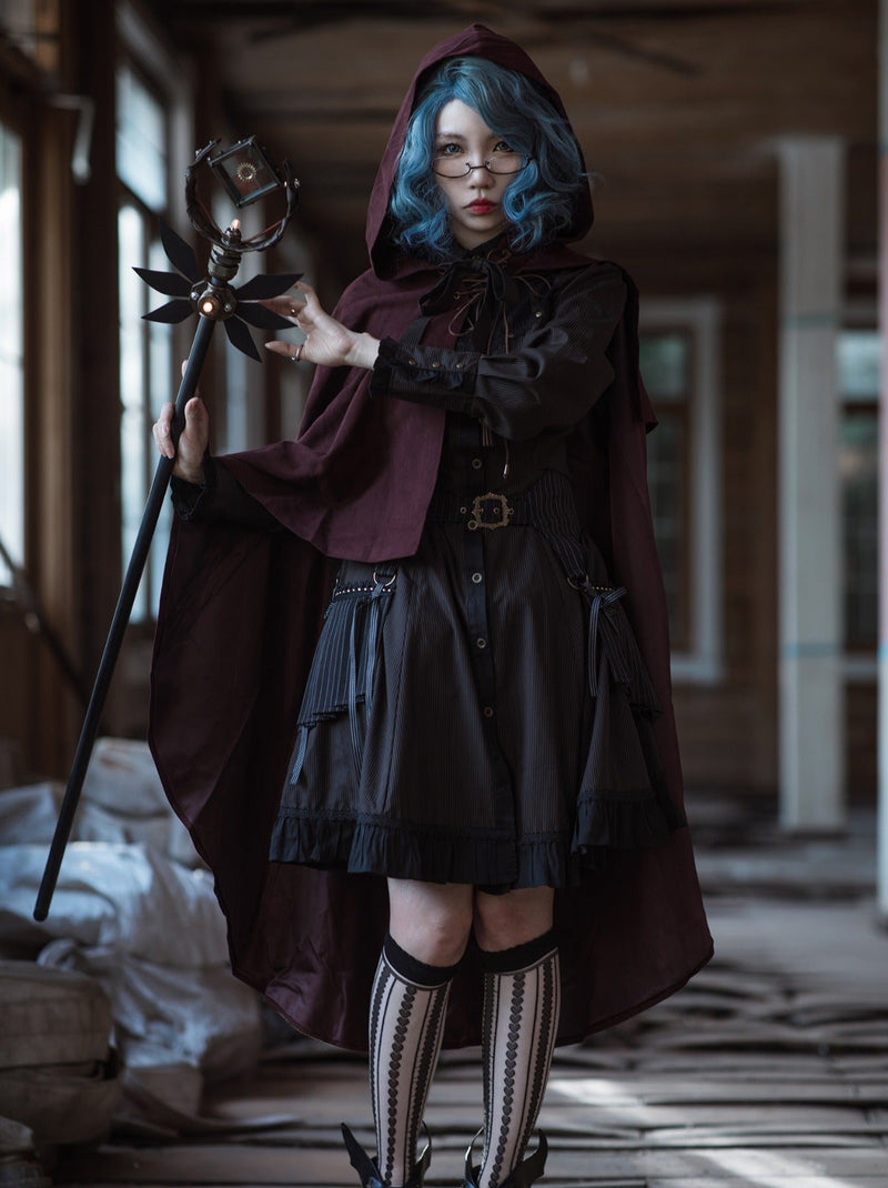 Steam Continental Ruffle Black Coffee Pinstripe Shirt Dress