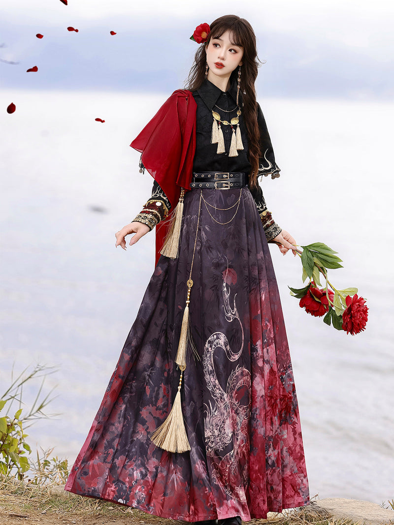Fire China Long Coat + Top + Long Skirt