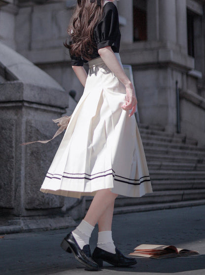 Retro French Sailor Collar Puff Sleeve Shirt + Box Pleat Skirt + Bunny Ear Necktie [pre-order]