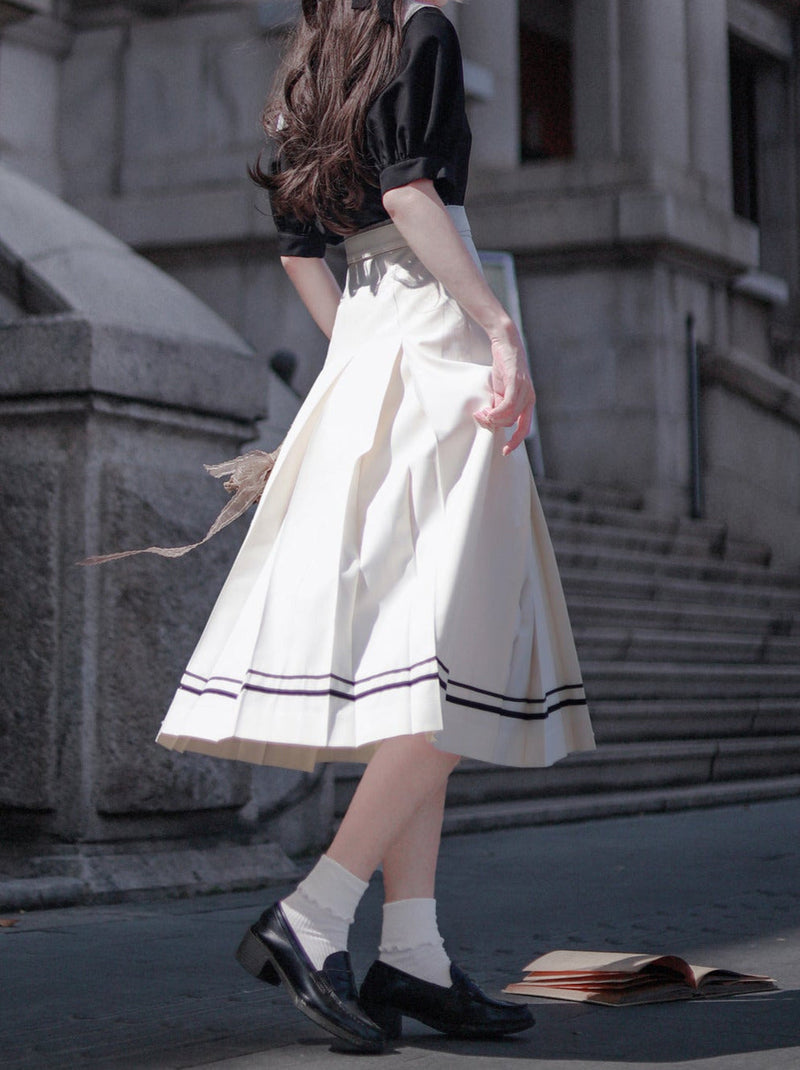 Retro French Sailor Collar Puff Sleeve Shirt + Box Pleat Skirt + Bunny Ear Necktie [pre-order]