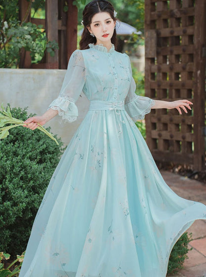 Retro Flower Stand Collar Dress