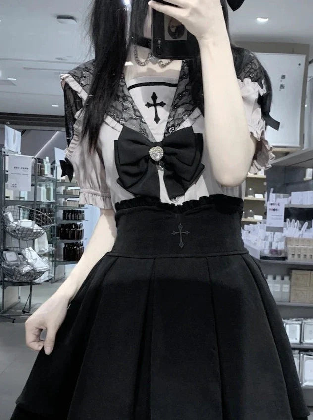 [pre-order] Lace Cross Collar Top + High Waist Skirt