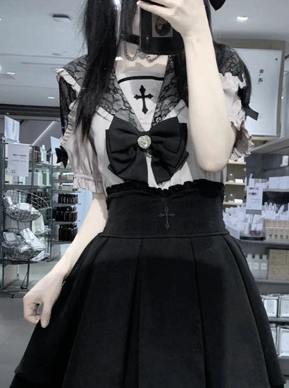 [pre-order] Lace Cross Collar Top + High Waist Skirt