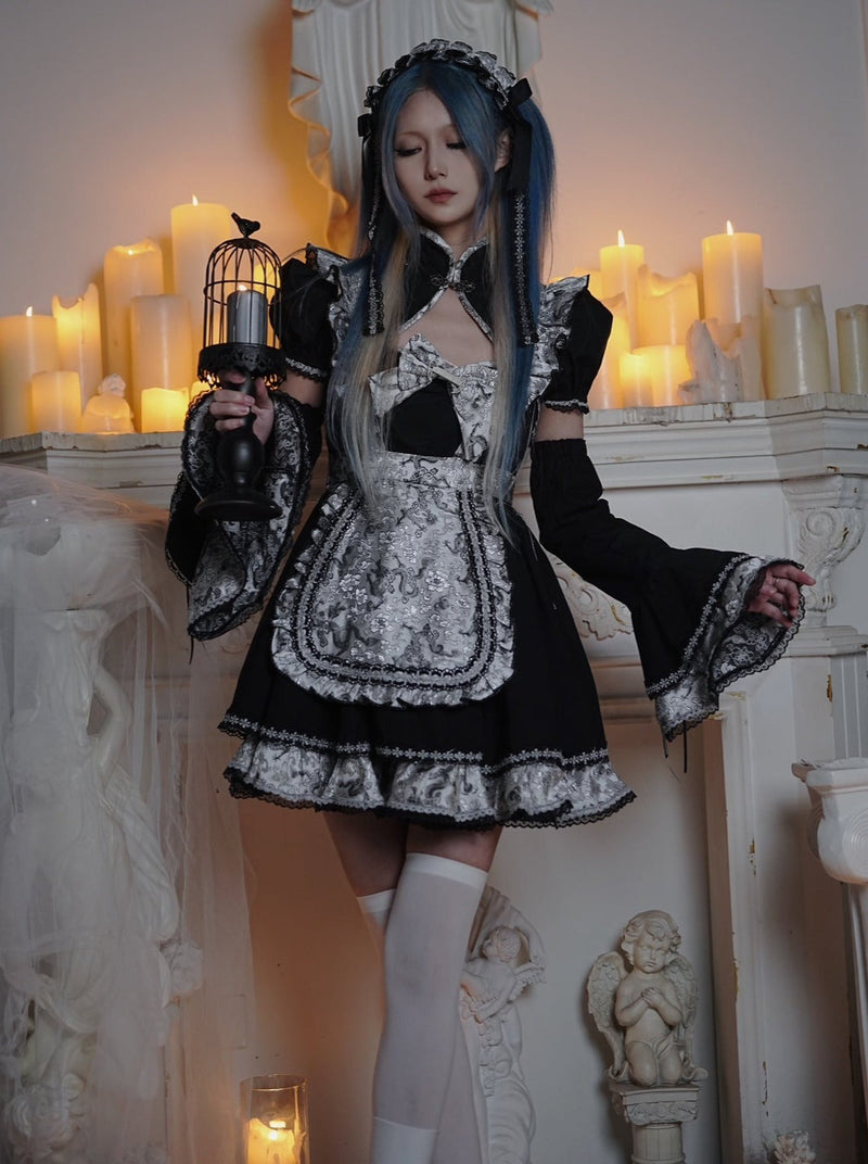 Silver Dragon Maid Gothic Dress + Apron + Arm Cover