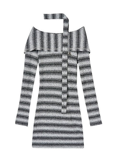 2-way Knit Striped Mode Slim Dress + Knit Scarf
