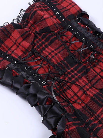 Y2k Black Red Hot Girl Lace Eyelets Suspender Dress