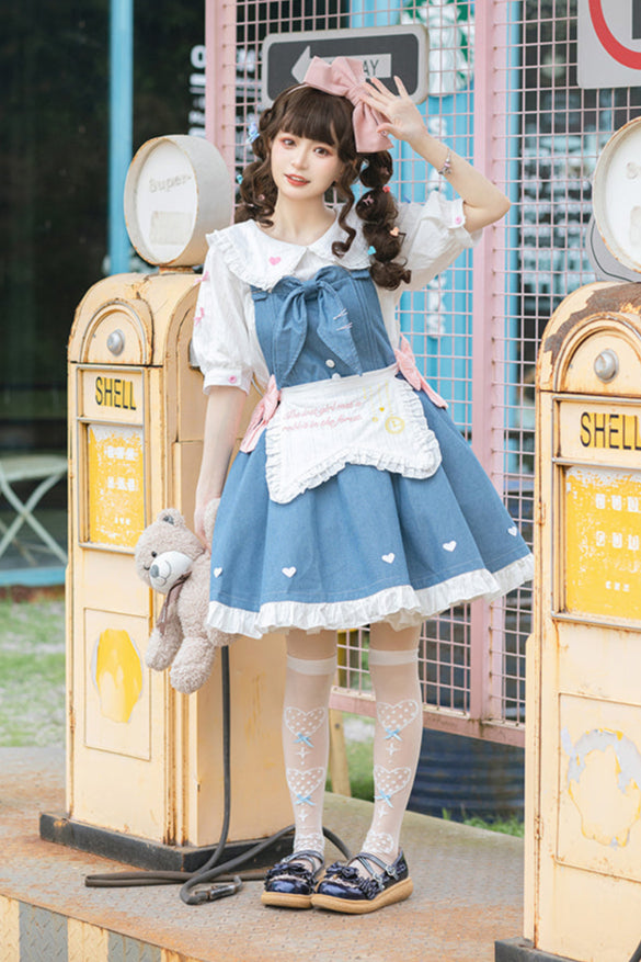 Light Raw Denim Lolita Jumper-skirt + Doll Innerwear + Apron