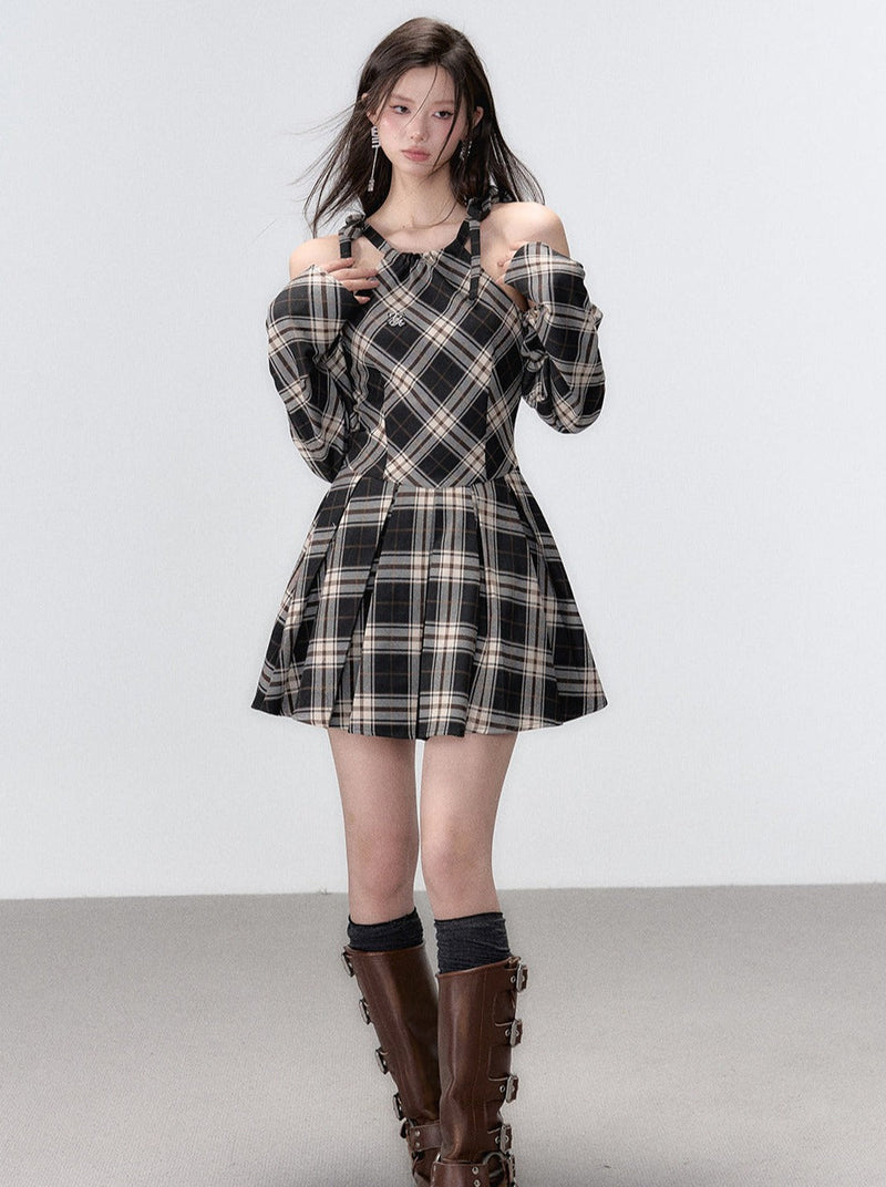 French Suspender Plaid Ribbon a Line Dress