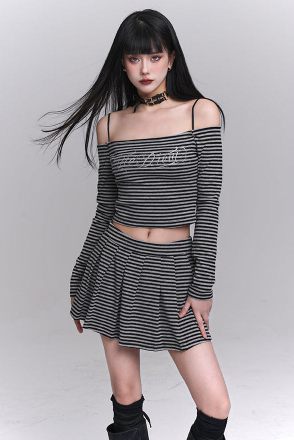 Striped Off-shoulder Top + Short Skirt