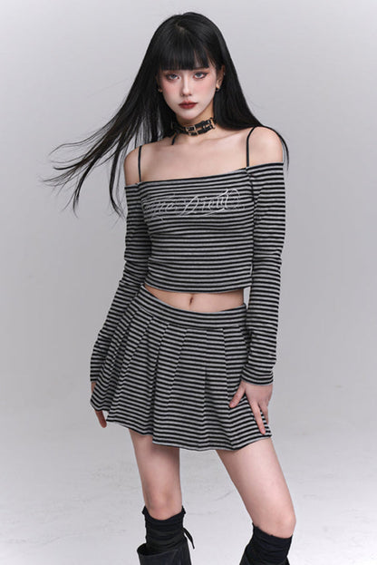 Striped Off-shoulder Top + Short Skirt