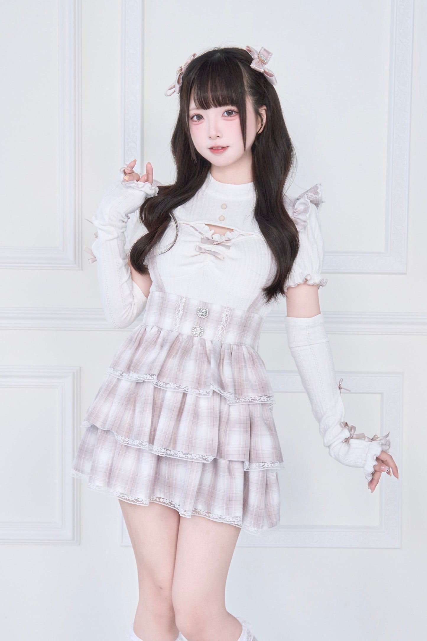 [pre-order] Knit Top With Ribbon Sleeves + Gothic Cross Lace Up Skirt